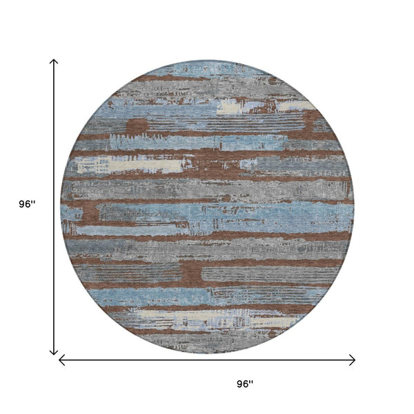 HomeRoots 5' Stylish Chocolate Blue Beige Striped Washable Area Rug for Indoor and Outdoor Versatility 8' Round 616648