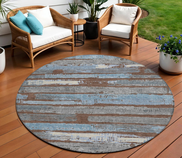 HomeRoots 5' Stylish Chocolate Blue Beige Striped Washable Area Rug for Indoor and Outdoor Versatility 8' Round 616648