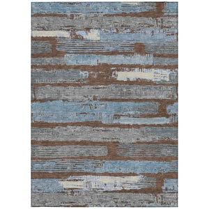 HomeRoots 5' Stylish Chocolate Blue Beige Striped Washable Area Rug for Indoor and Outdoor Versatility 8' X 10' 616649