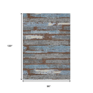 HomeRoots 5' Stylish Chocolate Blue Beige Striped Washable Area Rug for Indoor and Outdoor Versatility 8' X 10' 616649