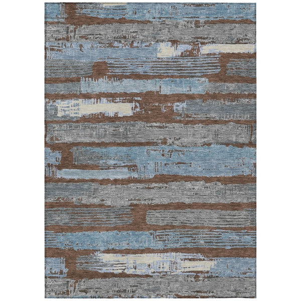 HomeRoots 5' Stylish Chocolate Blue Beige Striped Washable Area Rug for Indoor and Outdoor Versatility 8' X 10' 616649