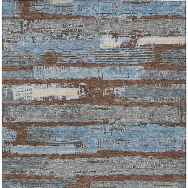 HomeRoots 5' Stylish Chocolate Blue Beige Striped Washable Area Rug for Indoor and Outdoor Versatility 8' X 10' 616649