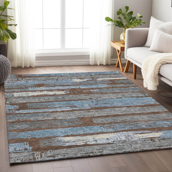 HomeRoots 5' Stylish Chocolate Blue Beige Striped Washable Area Rug for Indoor and Outdoor Versatility 8' X 10' 616649
