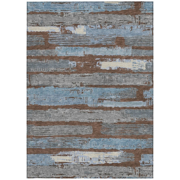 HomeRoots 5' Stylish Chocolate Blue Beige Striped Washable Area Rug for Indoor and Outdoor Versatility 9' X 12' 616650