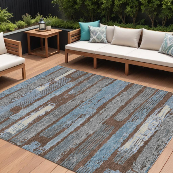 HomeRoots 5' Stylish Chocolate Blue Beige Striped Washable Area Rug for Indoor and Outdoor Versatility 9' X 12' 616650