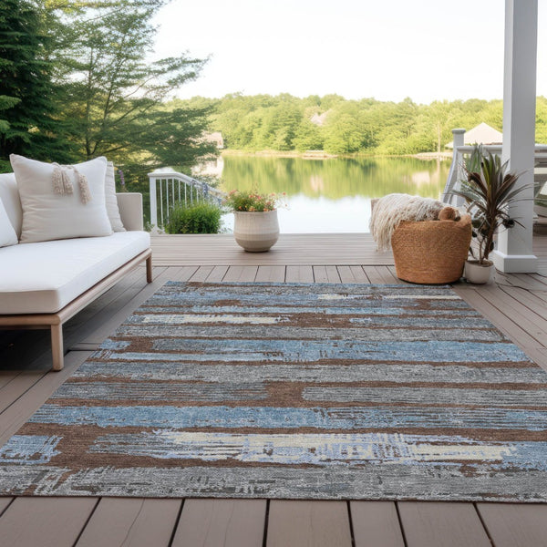 HomeRoots 5' Stylish Chocolate Blue Beige Striped Washable Area Rug for Indoor and Outdoor Versatility 9' X 12' 616650