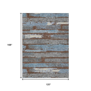 HomeRoots 5' Stylish Chocolate Blue Beige Striped Washable Area Rug for Indoor and Outdoor Versatility 10' X 14' 616651