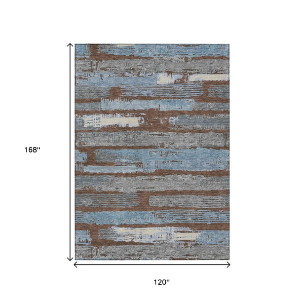 HomeRoots 5' Stylish Chocolate Blue Beige Striped Washable Area Rug for Indoor and Outdoor Versatility 10' X 14' 616651