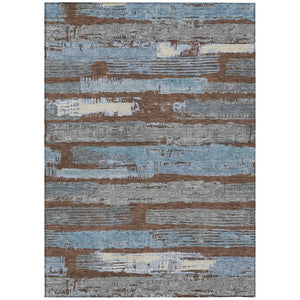 HomeRoots 5' Stylish Chocolate Blue Beige Striped Washable Area Rug for Indoor and Outdoor Versatility 10' X 14' 616651