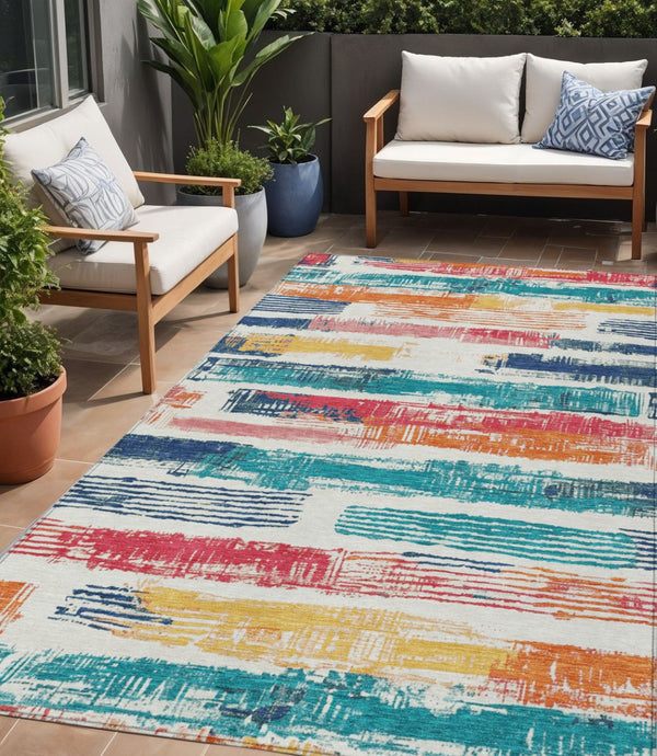 HomeRoots 5' Vibrant Striped Washable Area Rug in Ivory, Teal, Blue, Orange, and Red for Indoor/Outdoor Use 5' X 8' 616653