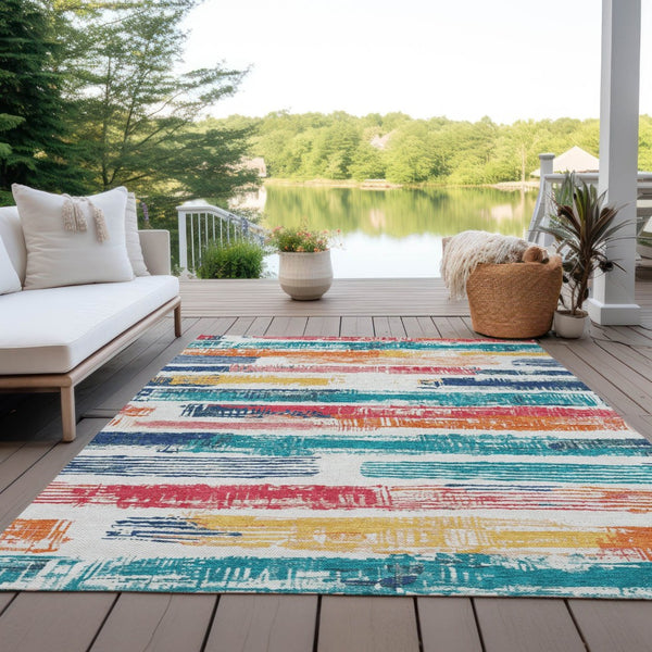 HomeRoots 5' Vibrant Striped Washable Area Rug in Ivory, Teal, Blue, Orange, and Red for Indoor/Outdoor Use 5' X 8' 616653