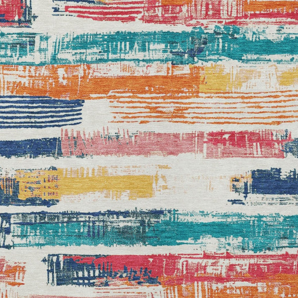 HomeRoots 5' Vibrant Striped Washable Area Rug in Ivory, Teal, Blue, Orange, and Red for Indoor/Outdoor Use 5' X 8' 616653