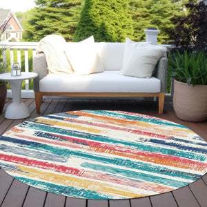 HomeRoots 5' Vibrant Striped Washable Area Rug in Ivory, Teal, Blue, Orange, and Red for Indoor/Outdoor Use 8' Round 616654