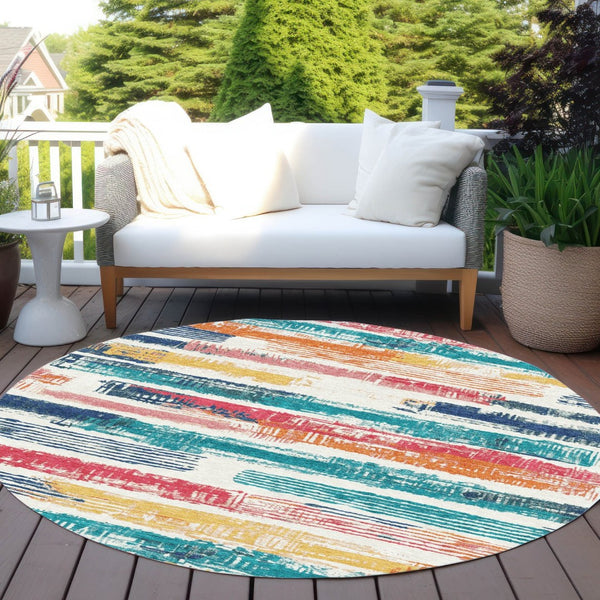 HomeRoots 5' Vibrant Striped Washable Area Rug in Ivory, Teal, Blue, Orange, and Red for Indoor/Outdoor Use 8' Round 616654