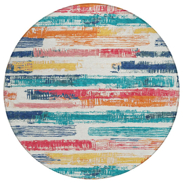 HomeRoots 5' Vibrant Striped Washable Area Rug in Ivory, Teal, Blue, Orange, and Red for Indoor/Outdoor Use 8' Round 616654