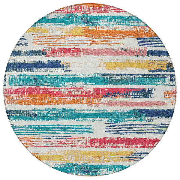 HomeRoots 5' Vibrant Striped Washable Area Rug in Ivory, Teal, Blue, Orange, and Red for Indoor/Outdoor Use 8' Round 616654