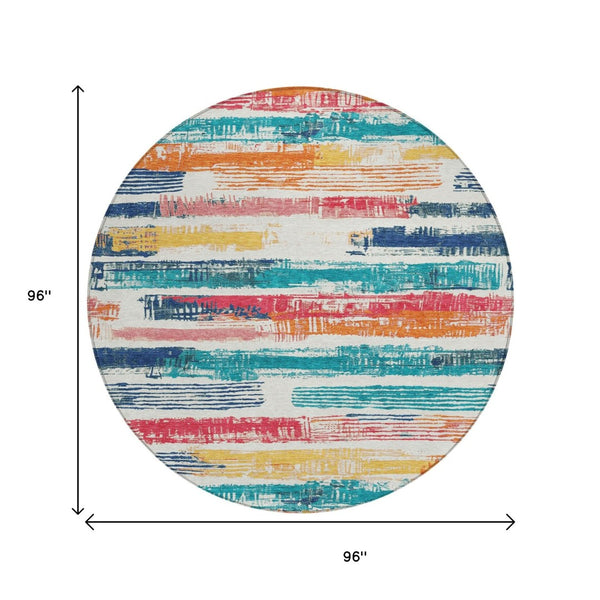 HomeRoots 5' Vibrant Striped Washable Area Rug in Ivory, Teal, Blue, Orange, and Red for Indoor/Outdoor Use 8' Round 616654