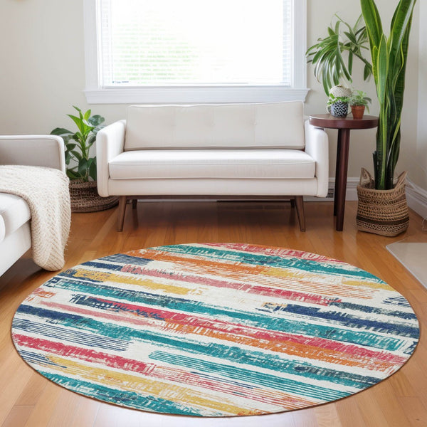 HomeRoots 5' Vibrant Striped Washable Area Rug in Ivory, Teal, Blue, Orange, and Red for Indoor/Outdoor Use 8' Round 616654