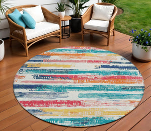 HomeRoots 5' Vibrant Striped Washable Area Rug in Ivory, Teal, Blue, Orange, and Red for Indoor/Outdoor Use 8' Round 616654