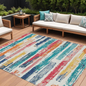 HomeRoots 5' Vibrant Striped Washable Area Rug in Ivory, Teal, Blue, Orange, and Red for Indoor/Outdoor Use 8' X 10' 616655