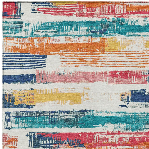 HomeRoots 5' Vibrant Striped Washable Area Rug in Ivory, Teal, Blue, Orange, and Red for Indoor/Outdoor Use 8' X 10' 616655