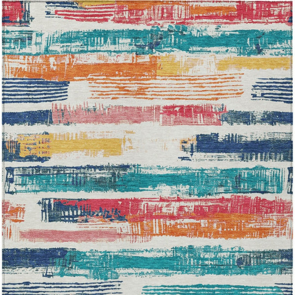 HomeRoots 5' Vibrant Striped Washable Area Rug in Ivory, Teal, Blue, Orange, and Red for Indoor/Outdoor Use 8' X 10' 616655
