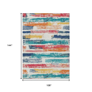 HomeRoots 5' Vibrant Striped Washable Area Rug in Ivory, Teal, Blue, Orange, and Red for Indoor/Outdoor Use 9' X 12' 616656