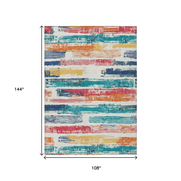 HomeRoots 5' Vibrant Striped Washable Area Rug in Ivory, Teal, Blue, Orange, and Red for Indoor/Outdoor Use 9' X 12' 616656