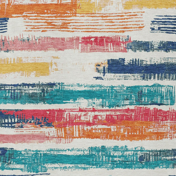 HomeRoots 5' Vibrant Striped Washable Area Rug in Ivory, Teal, Blue, Orange, and Red for Indoor/Outdoor Use 9' X 12' 616656