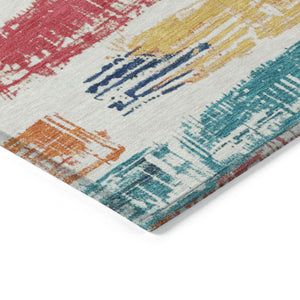 HomeRoots 5' Vibrant Striped Washable Area Rug in Ivory, Teal, Blue, Orange, and Red for Indoor/Outdoor Use 9' X 12' 616656
