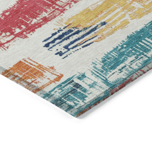 HomeRoots 5' Vibrant Striped Washable Area Rug in Ivory, Teal, Blue, Orange, and Red for Indoor/Outdoor Use 9' X 12' 616656