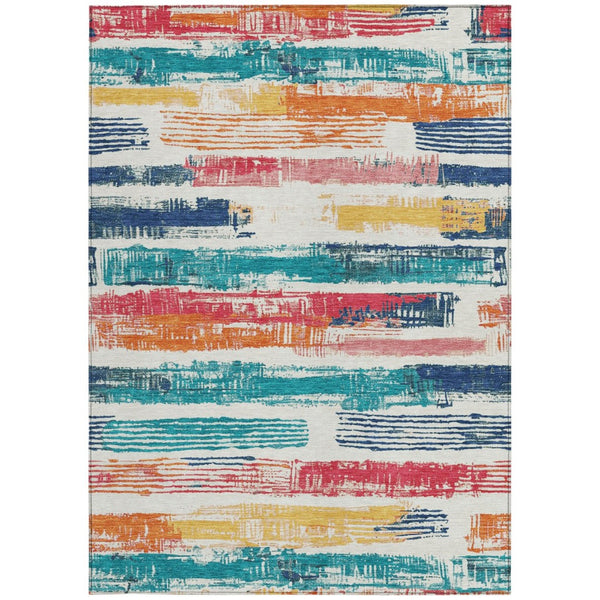 HomeRoots 5' Vibrant Striped Washable Area Rug in Ivory, Teal, Blue, Orange, and Red for Indoor/Outdoor Use 9' X 12' 616656
