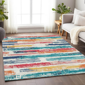 HomeRoots 5' Vibrant Striped Washable Area Rug in Ivory, Teal, Blue, Orange, and Red for Indoor/Outdoor Use 9' X 12' 616656