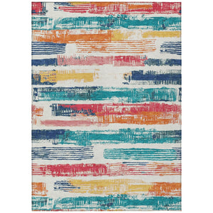 HomeRoots 5' Vibrant Striped Washable Area Rug in Ivory, Teal, Blue, Orange, and Red for Indoor/Outdoor Use 10' X 14' 616657