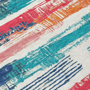 HomeRoots 5' Vibrant Striped Washable Area Rug in Ivory, Teal, Blue, Orange, and Red for Indoor/Outdoor Use 10' X 14' 616657