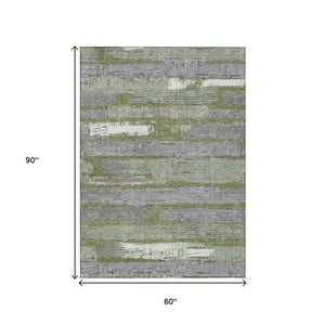 HomeRoots 5' Washable Indoor Outdoor Area Rug in Olive Green, Ivory & Blue Stripes - Stylish & Durable Design 5' X 8' 616671