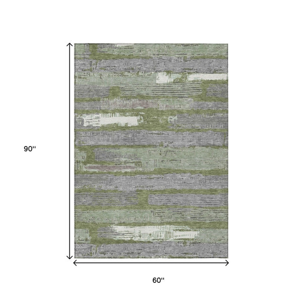 HomeRoots 5' Washable Indoor Outdoor Area Rug in Olive Green, Ivory & Blue Stripes - Stylish & Durable Design 5' X 8' 616671