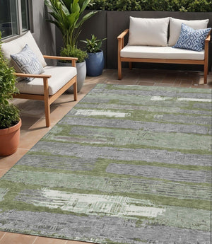 HomeRoots 5' Washable Indoor Outdoor Area Rug in Olive Green, Ivory & Blue Stripes - Stylish & Durable Design 5' X 8' 616671