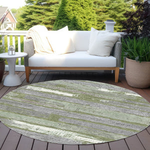 HomeRoots 5' Washable Indoor Outdoor Area Rug in Olive Green, Ivory & Blue Stripes - Stylish & Durable Design 8' Round 616672