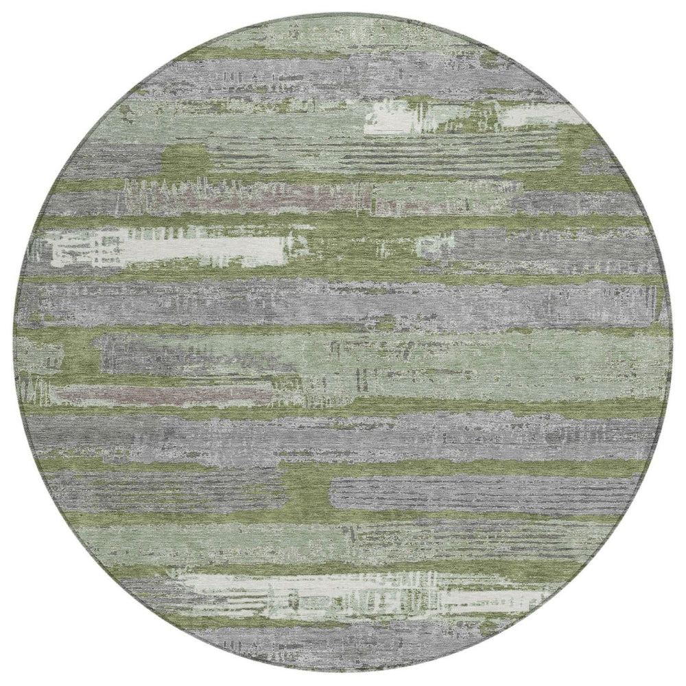 HomeRoots 5' Washable Indoor Outdoor Area Rug in Olive Green, Ivory & Blue Stripes - Stylish & Durable Design 8' Round 616672