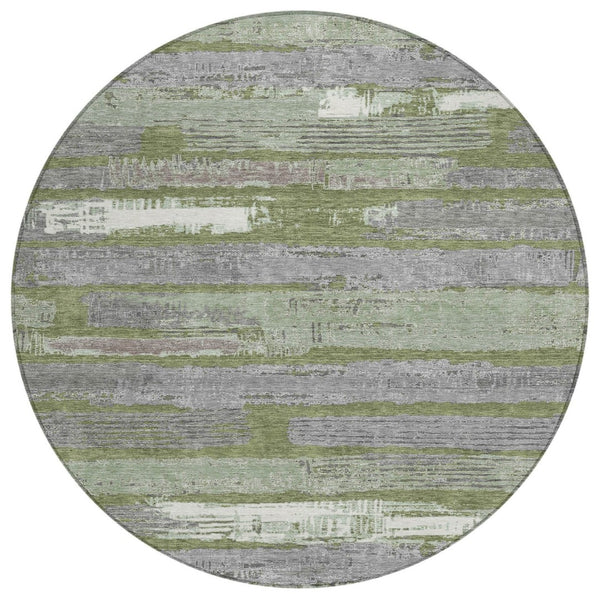 HomeRoots 5' Washable Indoor Outdoor Area Rug in Olive Green, Ivory & Blue Stripes - Stylish & Durable Design 8' Round 616672