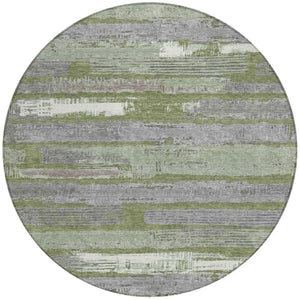 HomeRoots 5' Washable Indoor Outdoor Area Rug in Olive Green, Ivory & Blue Stripes - Stylish & Durable Design 8' Round 616672