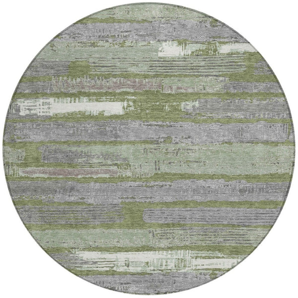 HomeRoots 5' Washable Indoor Outdoor Area Rug in Olive Green, Ivory & Blue Stripes - Stylish & Durable Design 8' Round 616672