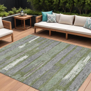 HomeRoots 5' Washable Indoor Outdoor Area Rug in Olive Green, Ivory & Blue Stripes - Stylish & Durable Design 9' X 12' 616674