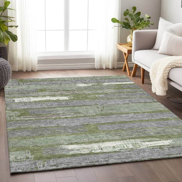 HomeRoots 5' Washable Indoor Outdoor Area Rug in Olive Green, Ivory & Blue Stripes - Stylish & Durable Design 10' X 14' 616675