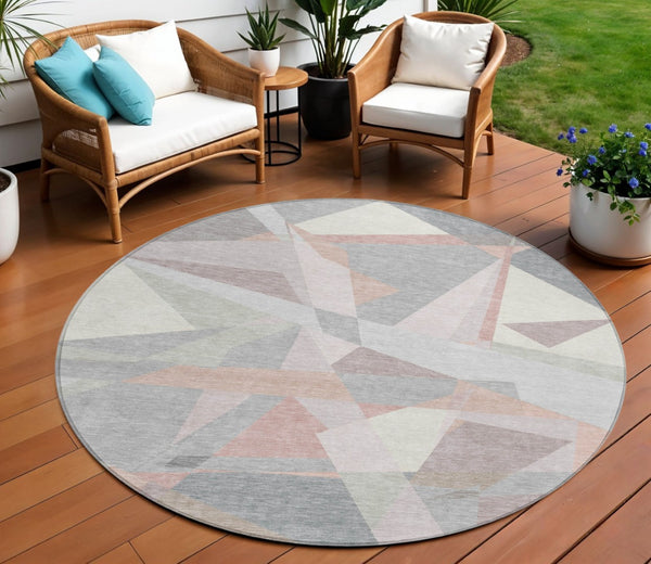 HomeRoots 5' Modern Blush Ivory and Gray Geometric Area Rug for Indoor or Outdoor Use - Stylish & Durable 8' Round 616690