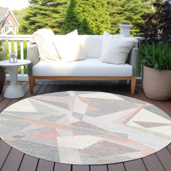 HomeRoots 5' Modern Blush Ivory and Gray Geometric Area Rug for Indoor or Outdoor Use - Stylish & Durable 8' Round 616690