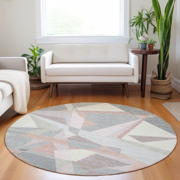 HomeRoots 5' Modern Blush Ivory and Gray Geometric Area Rug for Indoor or Outdoor Use - Stylish & Durable 8' Round 616690
