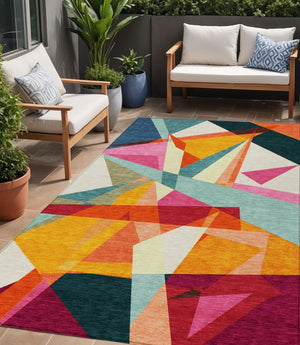 HomeRoots 5' Stylish Geometric Washable Area Rug in Warm Ivory, Orange, and Burgundy for Indoor & Outdoor Use 5' X 8' 616695