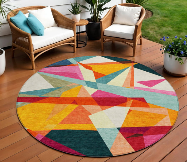HomeRoots 5' Stylish Geometric Washable Area Rug in Warm Ivory, Orange, and Burgundy for Indoor & Outdoor Use 8' Round 616696